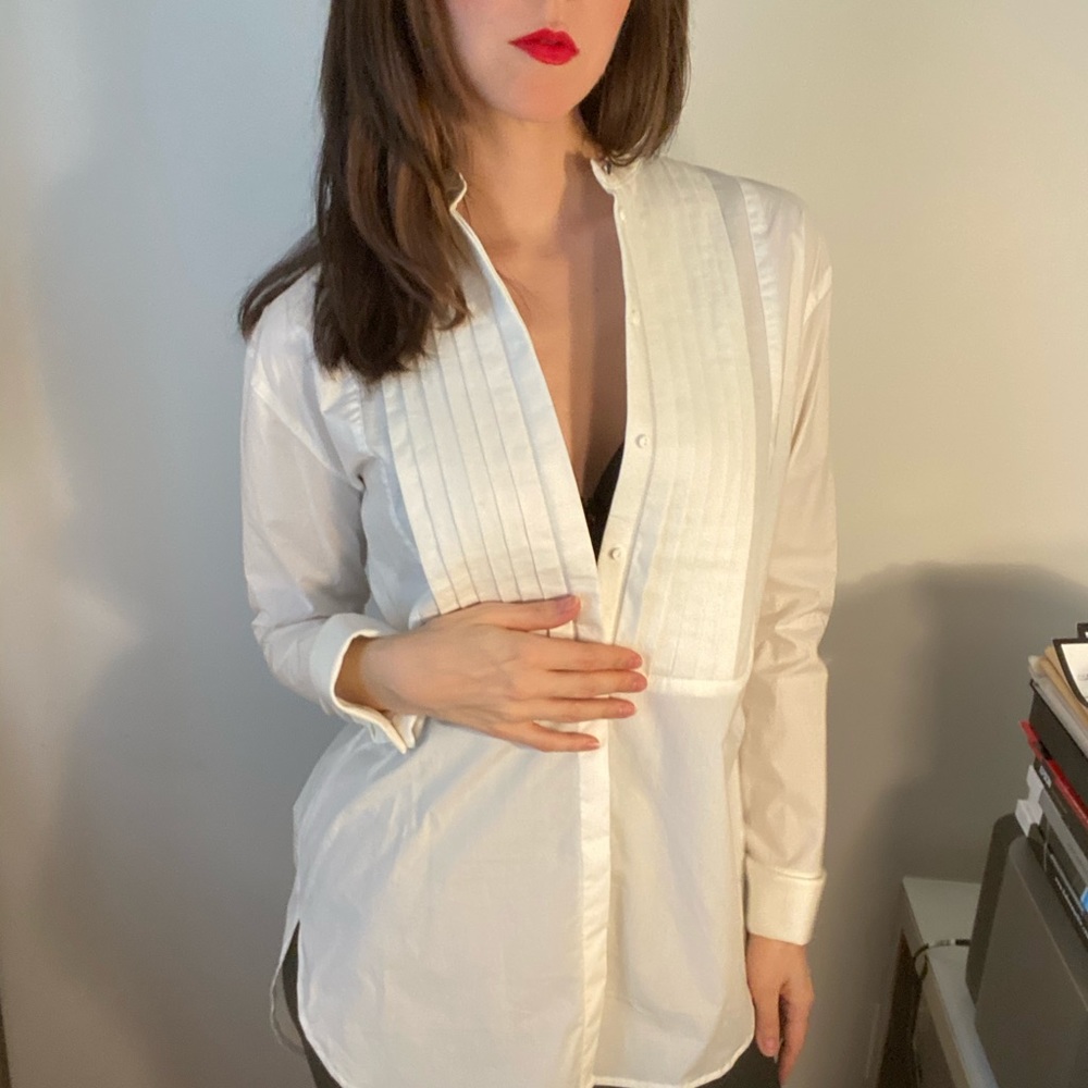Oversized White Button Down With Pleated Lapel - image 1